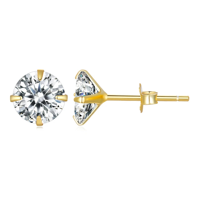 Gold plated sterling silver round CZ stud earring side view — OmniVivo