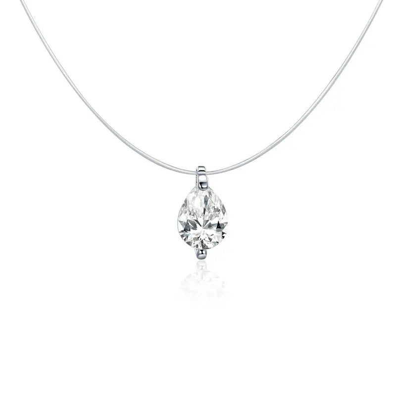 Invisible chain necklace with pear-cut zircon pendant in 925 sterling silver, floating design on white background — OmniVivo
