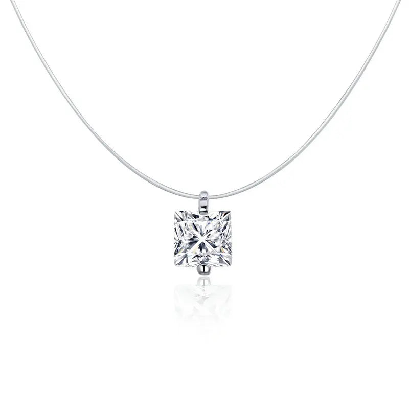 Invisible chain necklace with princess-cut zircon pendant in 925 sterling silver, floating design on white background — OmniVivo
