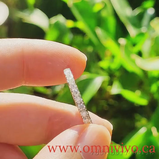 2 mm full eternity ring with round D–F VVS1 moissanite in 925 sterling silver, rhodium-plated, shown on hand against a green blurred background — OmniVivo