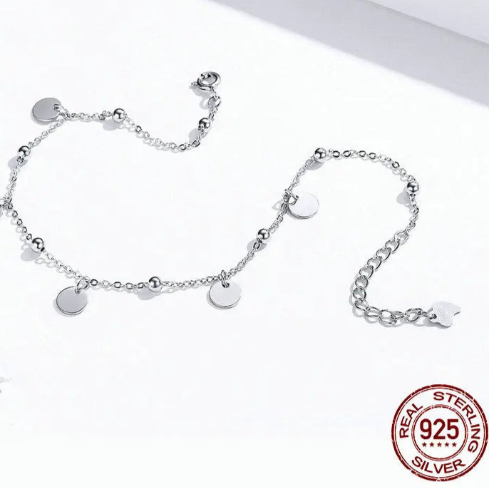 925 sterling silver bead anklet with minimalist round pendants on a white background — OmniVivo