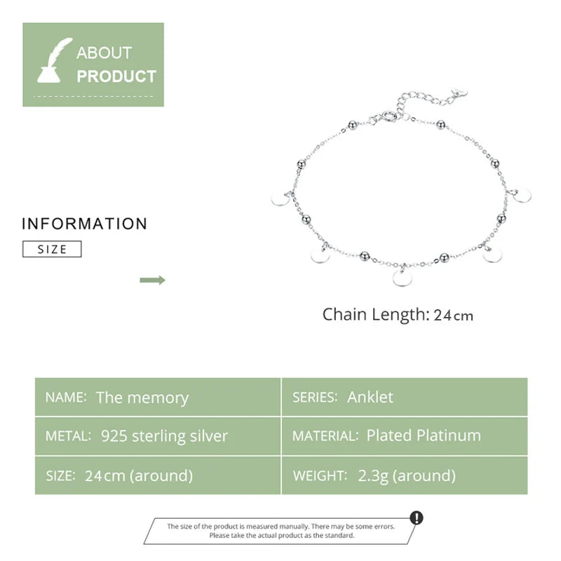 Size chart for 925 sterling silver bead anklet — 24 cm length, ~2.3 g, diagram on white background — OmniVivo