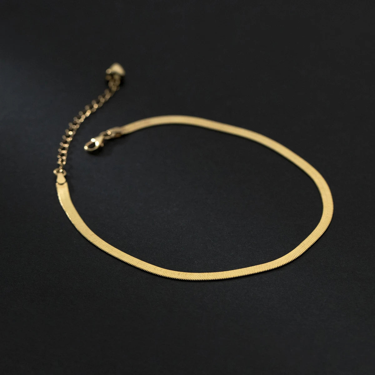 Gold-tone snake chain anklet on a black background, adjustable extender.